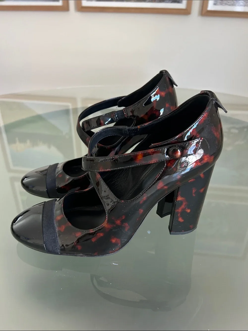 Tory Burch Patent Mary Jane Block Heel Pumps Tortoise Print Size 9